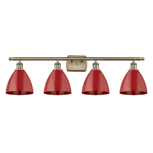 Innovations Plymouth 38in 4-Light Bath Vanity Light | Industrial Antique Brass Steel and Matte Red Metal Shade | Bathroom | Model 516-4W-AB-MBD-75-RD-LED