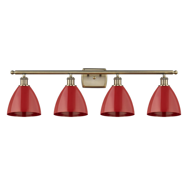 Innovations Plymouth 38in 4-Light Bath Vanity Light | Industrial Antique Brass Steel and Matte Red Metal Shade | Bathroom | Model 516-4W-AB-MBD-75-RD-LED