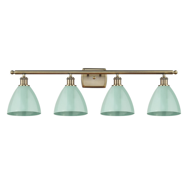 Innovations Plymouth 38in 4-Light Bath Vanity Light | Industrial Antique Brass Steel and Matte Seafoam Metal Shade | Bathroom | Model 516-4W-AB-MBD-75-SF
