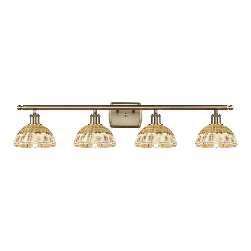 Innovations Bristol Natural II 38in 4-Light Bath Vanity Light | Industrial Antique Brass Steel and Natural Fiber Dome Shade | Model 516-4W-AB-NBD2-75-NAT