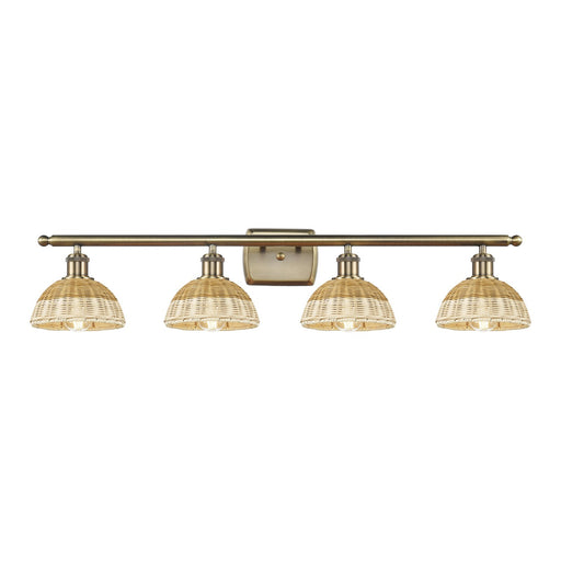 Innovations Bristol Natural II 38in 4-Light Bath Vanity Light | Industrial Antique Brass Steel and Natural Fiber Dome Shade | Model 516-4W-AB-NBD2-75-NAT