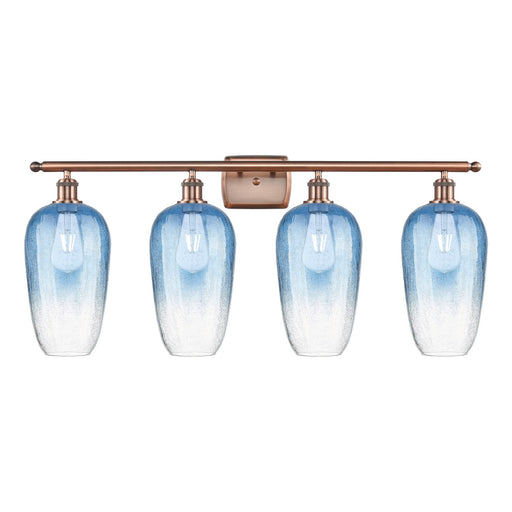 Innovations Brookhaven Flute 37in 4-Light Bath Vanity | Industrial Modern Contempo Antique Copper Steel and Sapphire Blue Glass | Model 516-4W-AC-G484-7SB