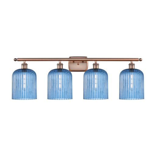 Innovations Bridal Veil 35in 4-Light Bath Vanity Light | Art Nouveau Industrial Antique Copper and Princess Blue Ribbed Glass | Model 516-4W-AC-G559-8BL