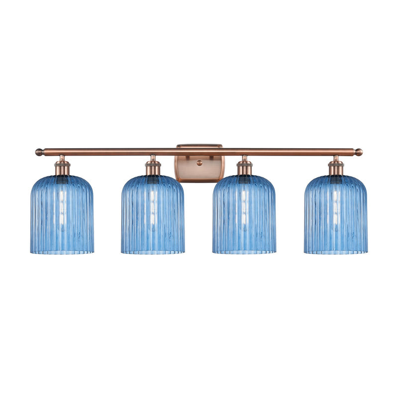 Innovations Bridal Veil 35in 4-Light Bath Vanity Light | Art Nouveau Industrial Antique Copper and Princess Blue Ribbed Glass | Model 516-4W-AC-G559-8BL