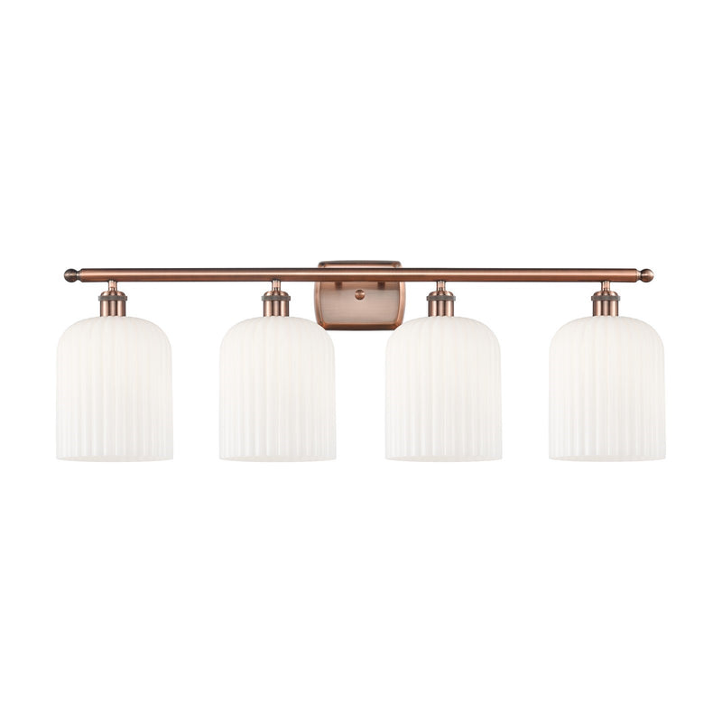 Innovations Bridal Veil 35in 4-Light Bath Vanity Light | Art Nouveau Antique Copper and Gloss White Ribbed Glass | Bathroom | Model 516-4W-AC-G559-8GWH