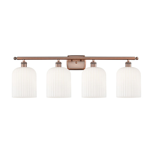 Innovations Bridal Veil 35in 4-Light Bath Vanity Light | Art Nouveau Antique Copper and Gloss White Ribbed Glass | Bathroom | Model 516-4W-AC-G559-8GWH