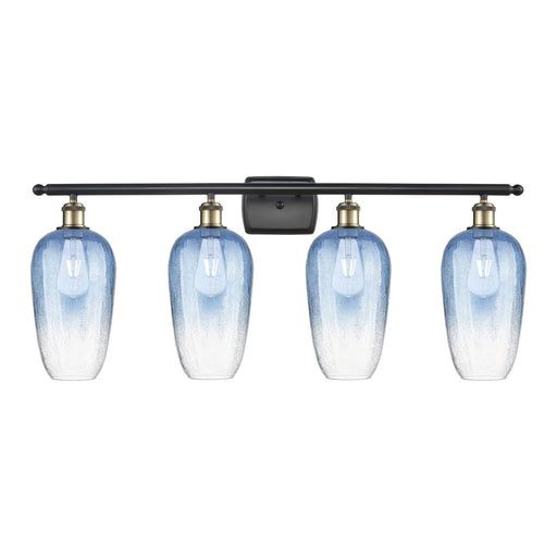 Innovations Brookhaven Flute 37in 4-Light Bath Vanity Light | Industrial Black Antique Brass and Sapphire Blue Glass | Model 516-4W-BAB-G484-7SB