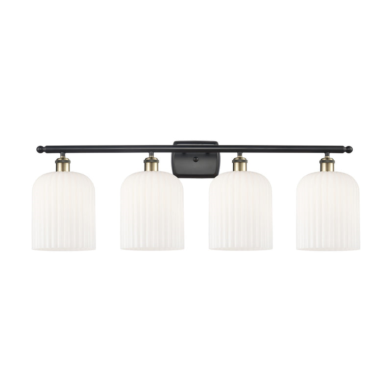 Innovations Bridal Veil 35in 4-Light Bath Vanity Light | Art Nouveau Industrial Black Antique Brass and Gloss White Ribbed | Model 516-4W-BAB-G559-8GWH