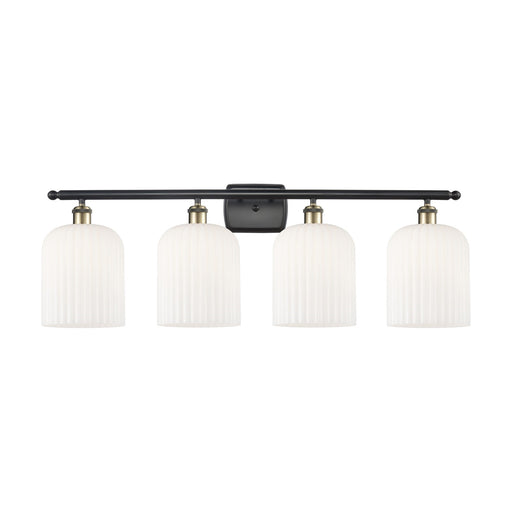Innovations Bridal Veil 35in 4-Light Bath Vanity Light | Art Nouveau Industrial Black Antique Brass and Gloss White Ribbed | Model 516-4W-BAB-G559-8GWH