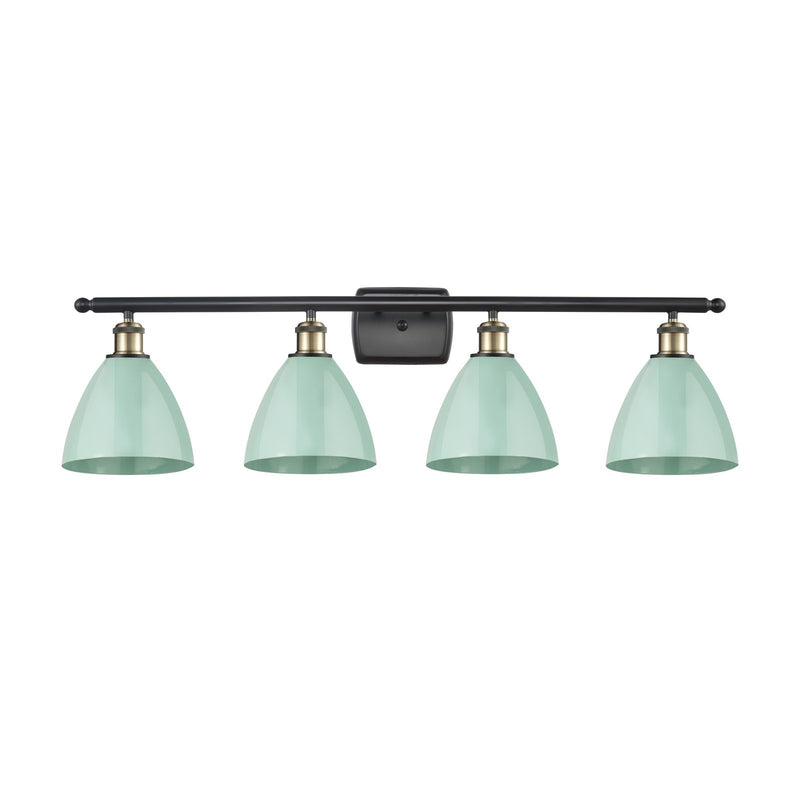 Innovations Plymouth 37.5in 4-Light Bath Vanity Light | Industrial Black Antique Brass and Matte Seafoam Metal Shade | Model 516-4W-BAB-MBD-75-SF-LED