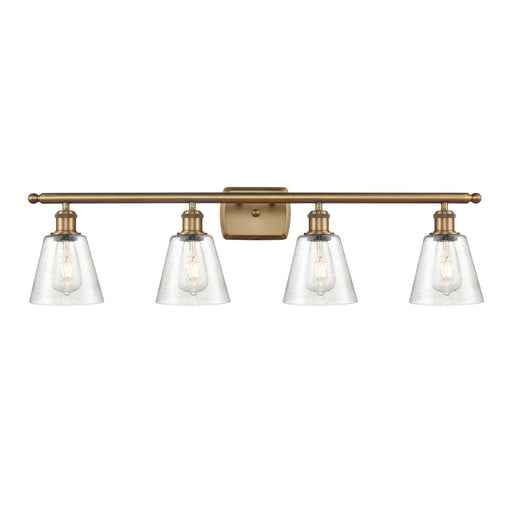 Innovations Caton 36in 4-Light Bath Vanity Light | Art Nouveau Brushed Brass Steel and Frosted Glass | Bathroom Vanity | 36 x 7.12 | Model 516-4W-BB-G454