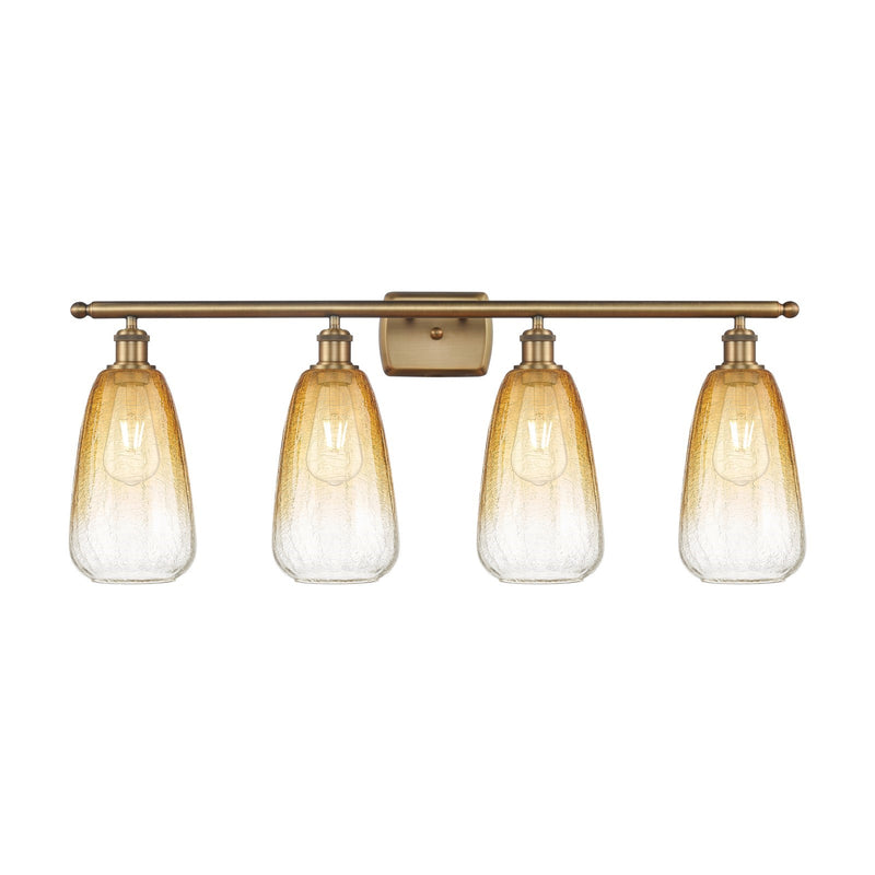 Innovations Brookhaven Almond 36in 4-Light Bath Vanity Light | Industrial Brushed Brass and Amber Glass | Damp-Rated Bathroom | Model 516-4W-BB-G480-6AM