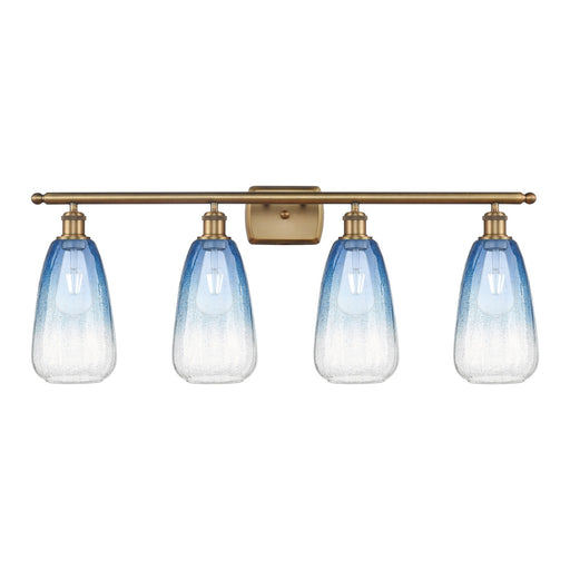 Innovations Brookhaven Almond 36in 4-Light Bath Vanity Light | Industrial Brushed Brass and Sapphire Blue Glass | Bathroom | Model 516-4W-BB-G480-6SB