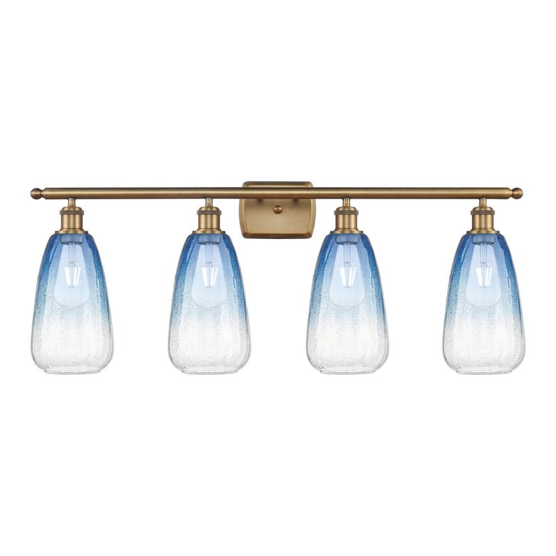 Innovations Brookhaven Almond 36in 4-Light Bath Vanity Light | Industrial Brushed Brass and Sapphire Blue Glass | Bathroom | Model 516-4W-BB-G480-6SB