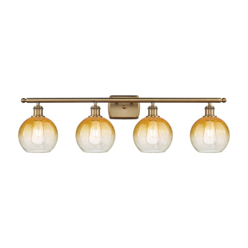 Innovations Brookhaven Globe 38in 4-Light Bath Vanity Light | Industrial Brushed Brass and Amber Glass | Bathroom Vanity | Model 516-4W-BB-G483-8AM