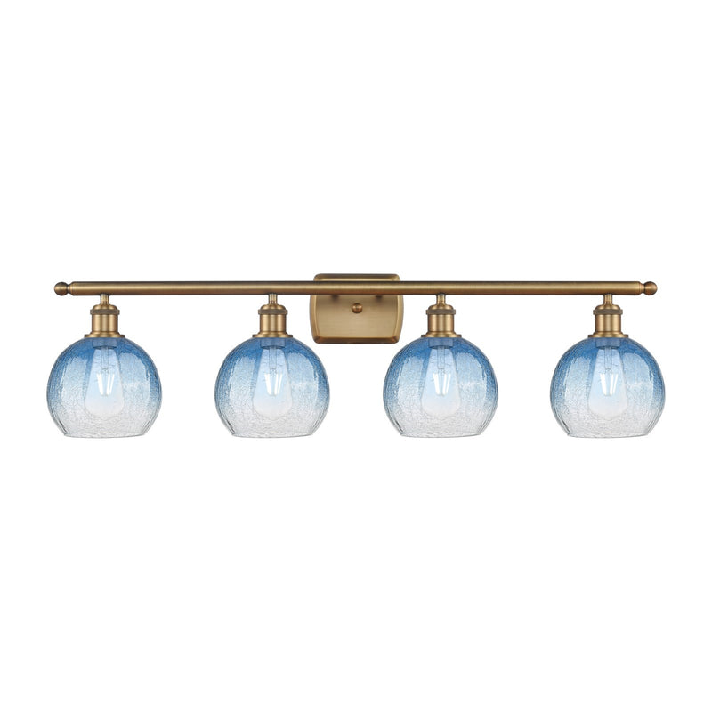 Innovations Brookhaven Globe 38in 4-Light Bath Vanity Light | Industrial Brushed Brass Steel and Sapphire Blue Glass | Bathroom | Model 516-4W-BB-G483-8SB
