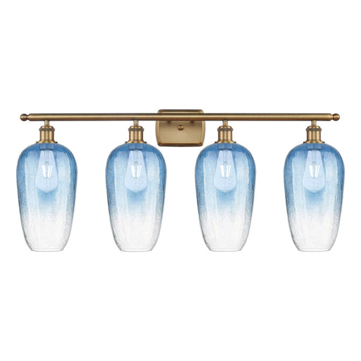 Innovations Brookhaven Flute 37in 4-Light Bath Vanity | Industrial Brushed Brass and Sapphire Blue Glass | Bathroom Vanity | Model 516-4W-BB-G484-7SB