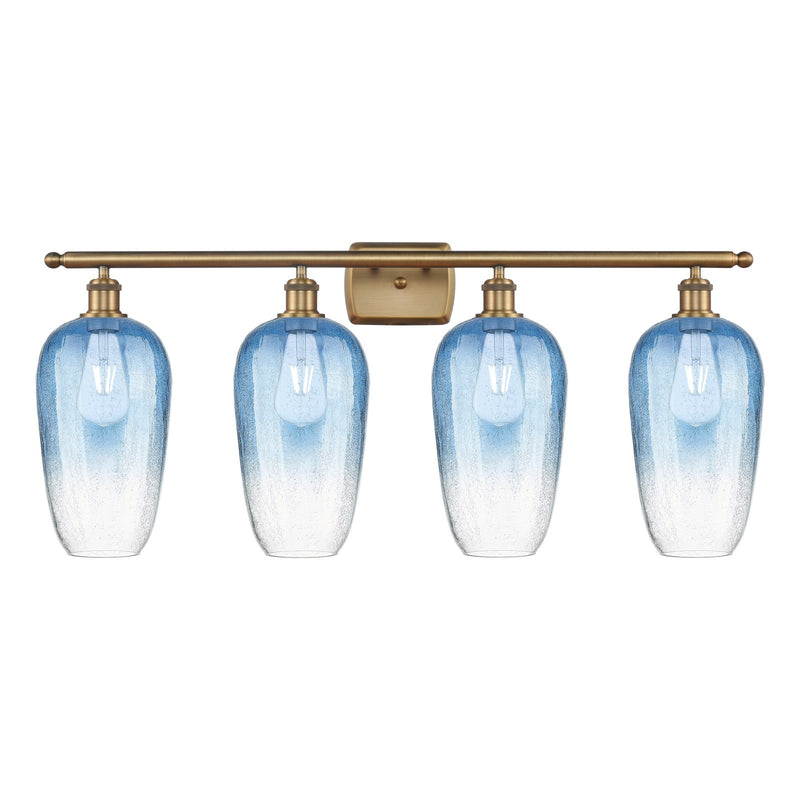 Innovations Brookhaven Flute 37in 4-Light Bath Vanity | Industrial Brushed Brass and Sapphire Blue Glass | Bathroom Vanity | Model 516-4W-BB-G484-7SB