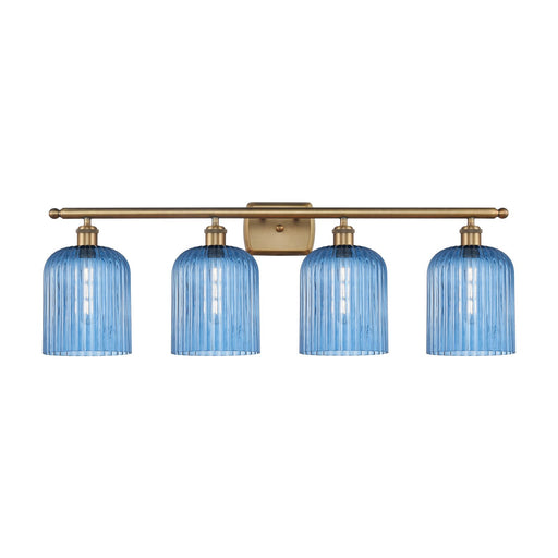 Innovations Bridal Veil 35in 4-Light Bath Vanity | Art Nouveau Brushed Brass Steel and Princess Blue Ribbed Glass | Bathroom | Model 516-4W-BB-G559-8BL