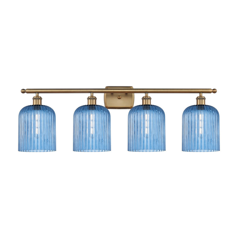 Innovations Bridal Veil 35in 4-Light Bath Vanity | Art Nouveau Brushed Brass Steel and Princess Blue Ribbed Glass | Bathroom | Model 516-4W-BB-G559-8BL