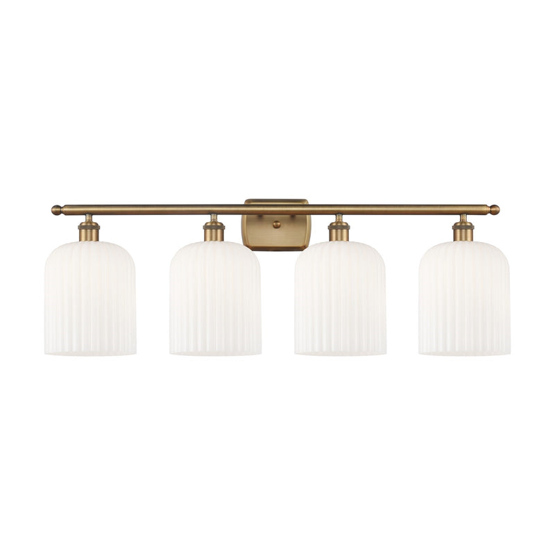 Innovations Bridal Veil 35in 4-Light Bath Vanity Light | Art Nouveau Brushed Brass and Gloss White Ribbed Glass | Bathroom | Model 516-4W-BB-G559-8GWH