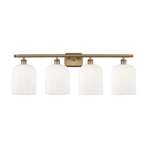 Innovations Bridal Veil 35in 4-Light Bath Vanity Light | Art Nouveau Brushed Brass and Gloss White Ribbed Glass | Bathroom | Model 516-4W-BB-G559-8GWH