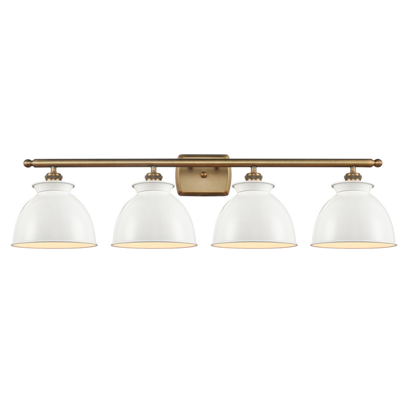 Innovations Adirondack 38in 4-Light Bath Vanity Light | Industrial Farmhouse Brushed Brass and Glossy White Metal Shade | Model 516-4W-BB-M14-W-LED