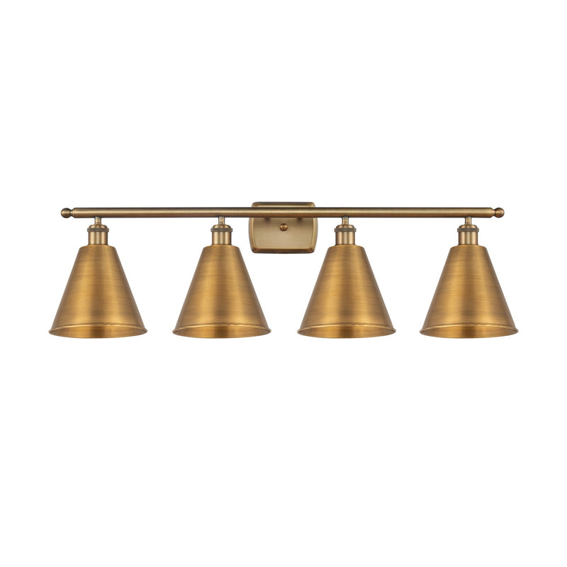 Innovations Berkshire 38in 4-Light Bath Vanity Light | Industrial Farmhouse Brushed Brass Steel and Cast Brass Cone Shade | Model 516-4W-BB-MBC-8-BB-LED