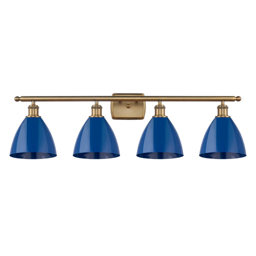 Innovations Plymouth 38in 4-Light Bath Vanity | Industrial Farmhouse Brushed Brass and Matte Blue Metal Shade | Bathroom | Model 516-4W-BB-MBD-75-BL