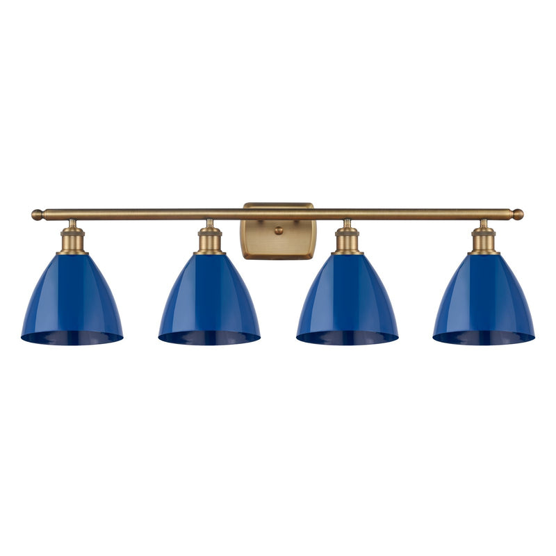 Innovations Plymouth 38in 4-Light Bath Vanity | Industrial Farmhouse Brushed Brass and Matte Blue Metal Shade | Bathroom | Model 516-4W-BB-MBD-75-BL-LED