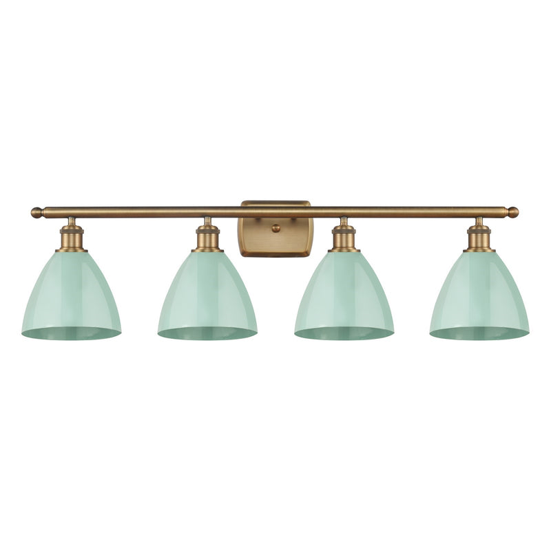 Innovations Plymouth 37.5in 4-Light Bath Vanity | Industrial Farmhouse Brushed Brass and Matte Seafoam Metal Shade | Model 516-4W-BB-MBD-75-SF-LED