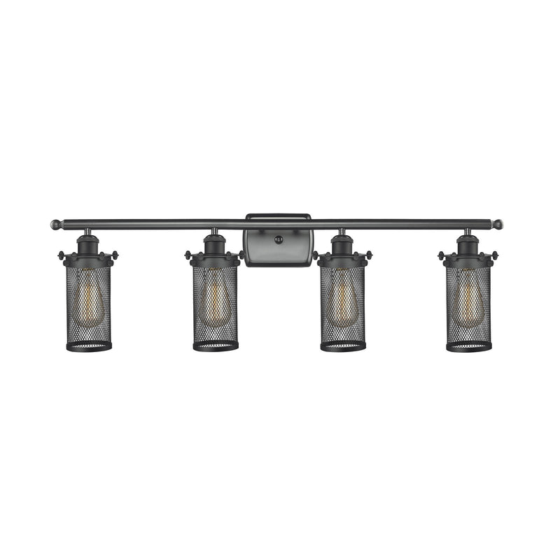 Innovations Bleecker 34in 4-Light Bath Vanity | Industrial Modern Matte Black Steel and Cast Brass with Metal Shade | Bathroom | Model 516-4W-BK-CE219-LED