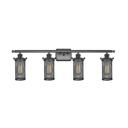 Innovations Bleecker 34in 4-Light Bath Vanity | Industrial Modern Matte Black Steel and Cast Brass with Metal Shade | Bathroom | Model 516-4W-BK-CE219-LED
