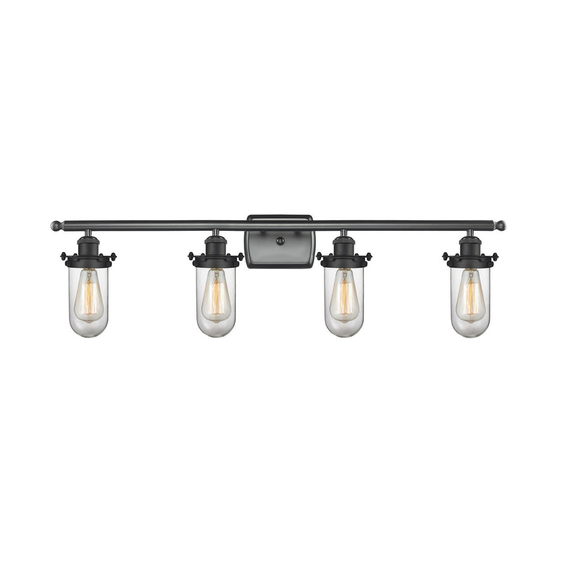 Innovations Kingsbury 34in 4-Light Bath Vanity | Industrial Matte Black Steel and Clear Glass | Bathroom Vanity Light | Model 516-4W-BK-CE231-CL-LED