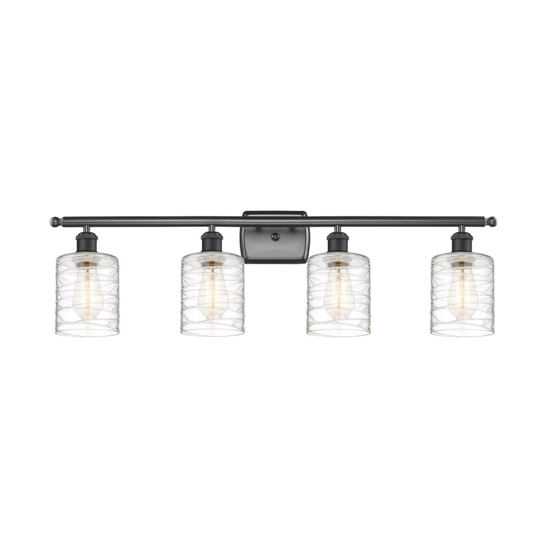 Innovations Cobbleskill 35in 4-Light Bath Vanity Light | Art Nouveau Matte Black Steel and Deco Swirl Clear Glass | Bathroom | Model 516-4W-BK-G1113-LED
