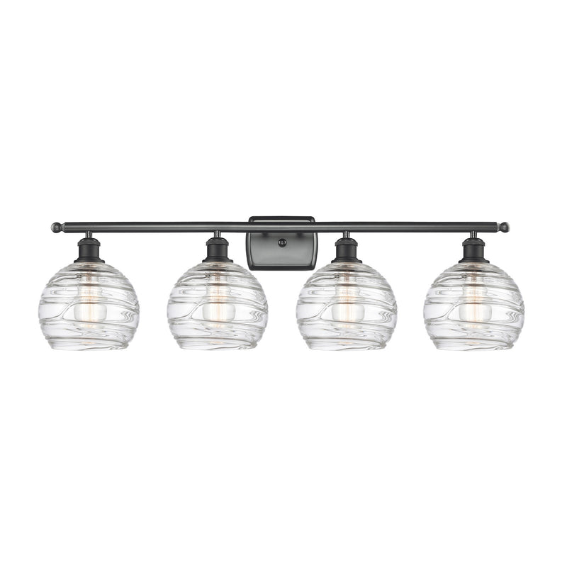 Innovations Athens Deco Swirl 38in 4-Light Bath Vanity | Industrial Matte Black Steel and Clear Deco Swirl Glass | Bathroom | Model 516-4W-BK-G1213-8CL