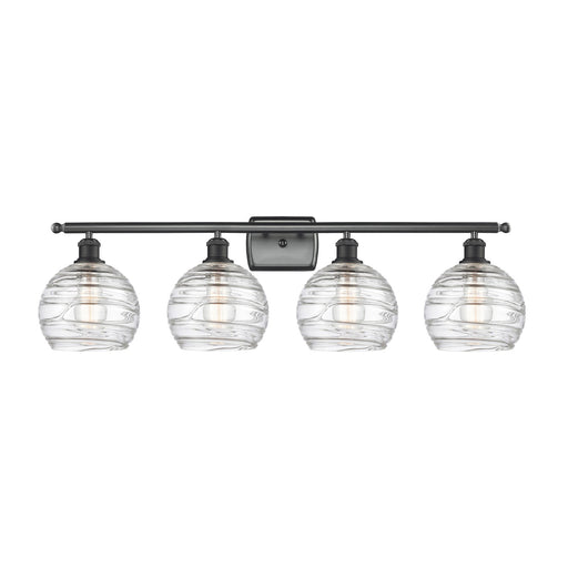 Innovations Athens Deco Swirl 38in 4-Light Bath Vanity | Industrial Matte Black Steel and Clear Deco Swirl Glass | Bathroom | Model 516-4W-BK-G1213-8CL