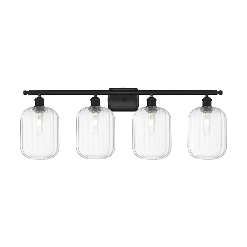 Innovations Preston Cylinder 37in 4-Light Bath Vanity | Industrial Matte Black Steel and Clear Glass | Bathroom Vanity & Powder | Model 516-4W-BK-G460-7CL