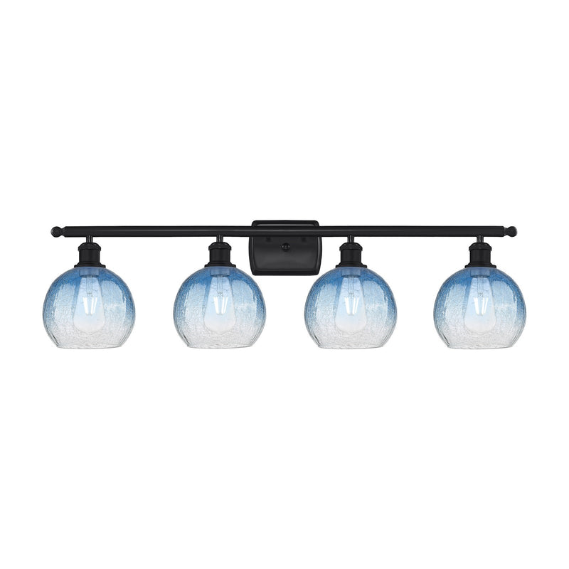 Innovations Brookhaven Globe 38in 4-Light Bath Vanity | Industrial Matte Black Steel and Sapphire Blue Glass | Bathroom Vanity | Model 516-4W-BK-G483-8SB