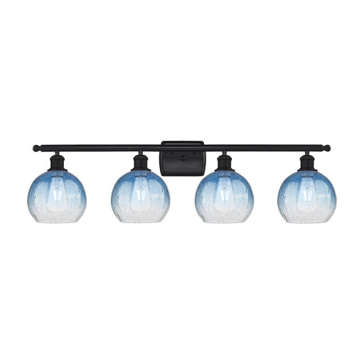 Innovations Brookhaven Globe 38in 4-Light Bath Vanity | Industrial Matte Black Steel and Sapphire Blue Glass | Bathroom Vanity | Model 516-4W-BK-G483-8SB