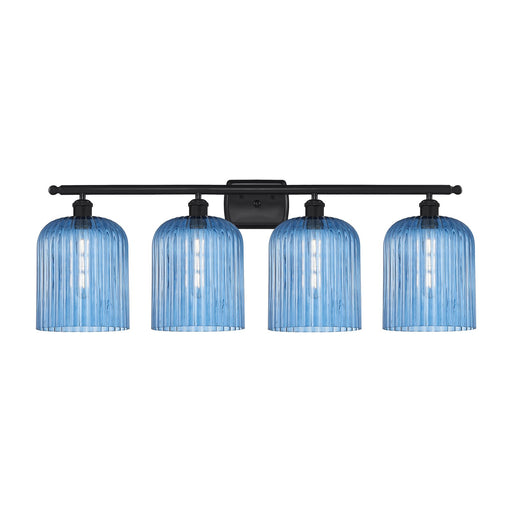 Innovations Bridal Veil 35in 4-Light Bath Vanity Light | Art Nouveau Matte Black Steel and Princess Blue Ribbed Glass | Model 516-4W-BK-G559-8BL