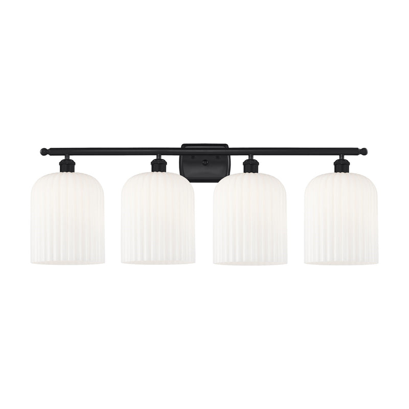 Innovations Bridal Veil 35in 4-Light Bath Vanity Light | Industrial Art Nouveau Matte Black Steel and Gloss White Ribbed Glass | Model 516-4W-BK-G559-8GWH