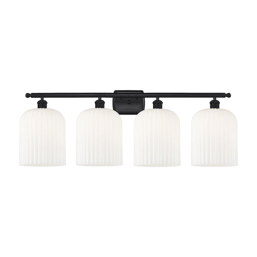 Innovations Bridal Veil 35in 4-Light Bath Vanity Light | Industrial Art Nouveau Matte Black Steel and Gloss White Ribbed Glass | Model 516-4W-BK-G559-8GWH
