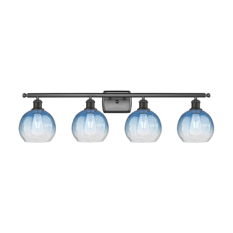 Innovations Brookhaven Globe 38in 4-Light Bath Vanity Light | Industrial Oil Rubbed Bronze Steel and Sapphire Blue Glass | Model 516-4W-OB-G483-8SB