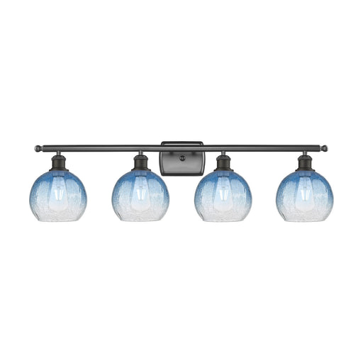 Innovations Brookhaven Globe 38in 4-Light Bath Vanity Light | Industrial Oil Rubbed Bronze Steel and Sapphire Blue Glass | Model 516-4W-OB-G483-8SB
