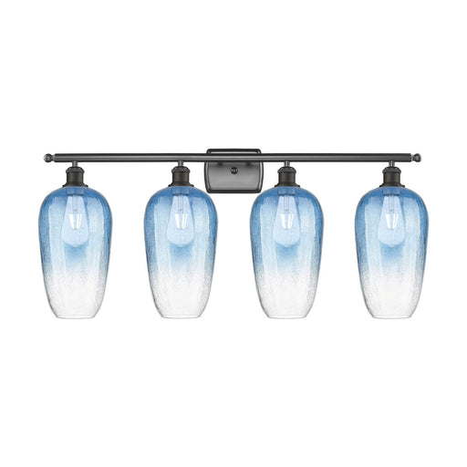 Innovations Brookhaven Flute 37in 4-Light Bath Vanity Light | Industrial Oil Rubbed Bronze Steel and Sapphire Blue Glass | Model 516-4W-OB-G484-7SB