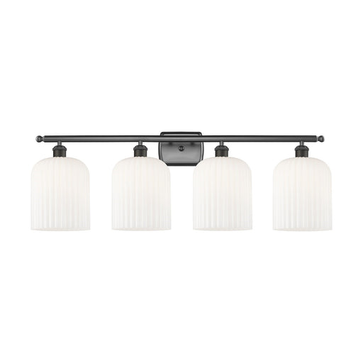 Innovations Bridal Veil 35in 4-Light Bath Vanity Light | Industrial Oil Rubbed Bronze and Gloss White Ribbed Glass | Bathroom | Model 516-4W-OB-G559-8GWH