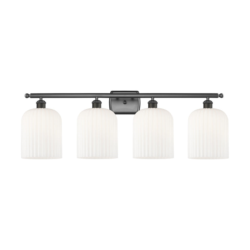 Innovations Bridal Veil 35in 4-Light Bath Vanity Light | Industrial Oil Rubbed Bronze and Gloss White Ribbed Glass | Bathroom | Model 516-4W-OB-G559-8GWH