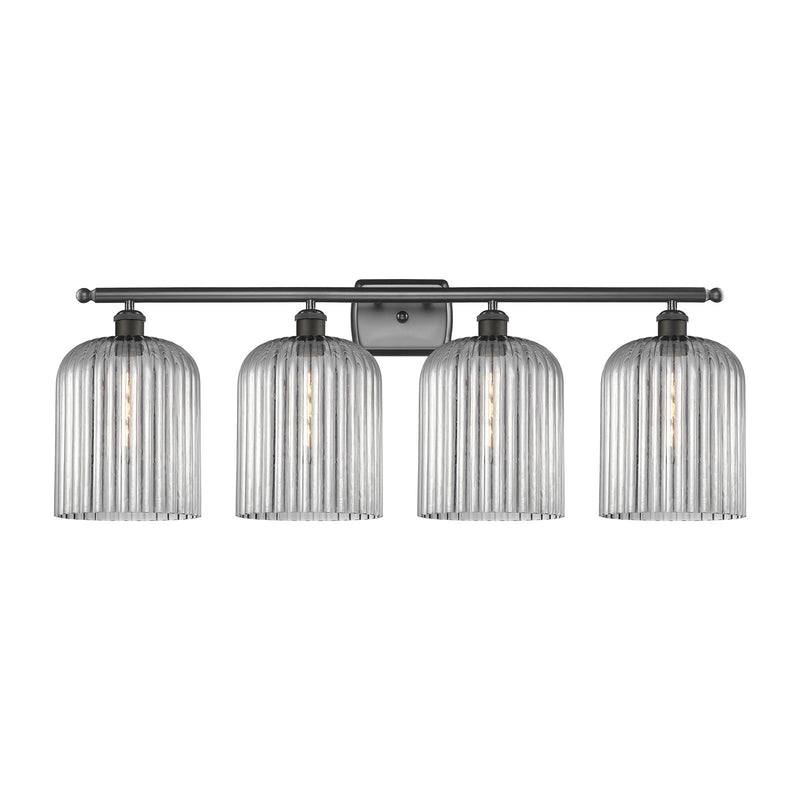 Innovations Bridal Veil 35in 4-Light Bath Vanity Light | Art Nouveau Industrial Oil Rubbed Bronze Steel and Light Smoke Ribbed | Model 516-4W-OB-G559-8SM