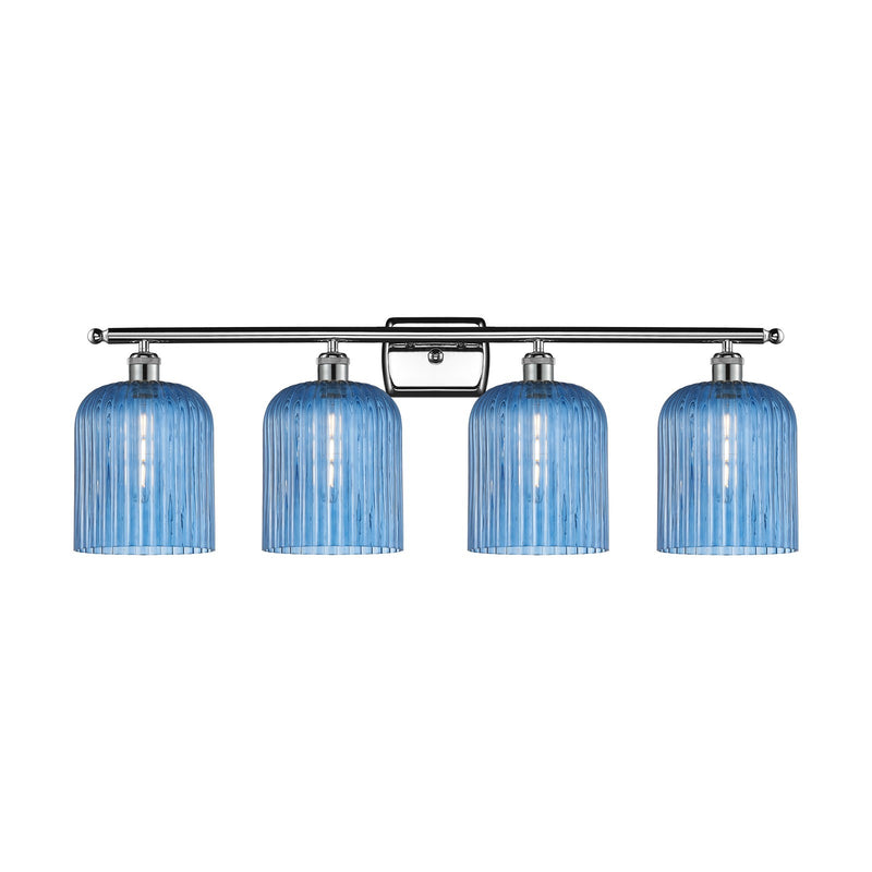 Innovations Bridal Veil 35in 4-Light Bath Vanity Light | Art Nouveau Polished Chrome and Princess Blue Ribbed Glass | Bathroom | Model 516-4W-PC-G559-8BL